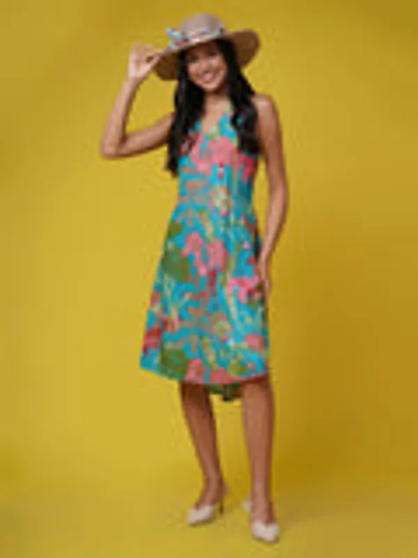Turquoise_Blue_Tropical_Halter_Neck_Dress