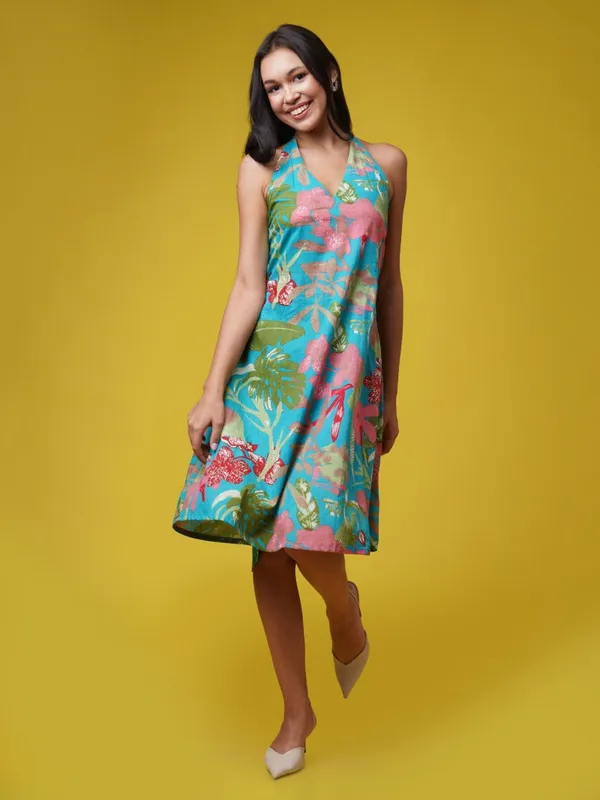 Turquoise_Blue_Tropical_Halter_Neck_Dress