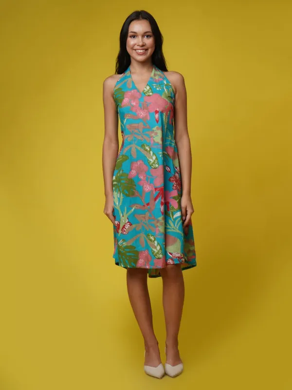 Turquoise_Blue_Tropical_Halter_Neck_Dress