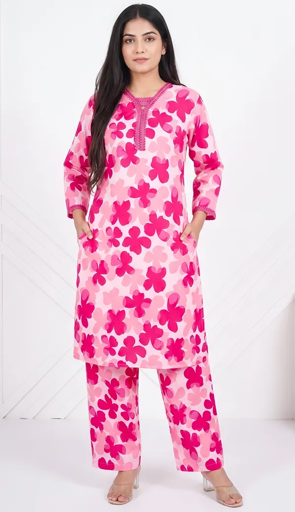 Crepe_Floral_Lace_Trim_Kurta_Night_Suit_Duo_|_Pink_Twin_Set