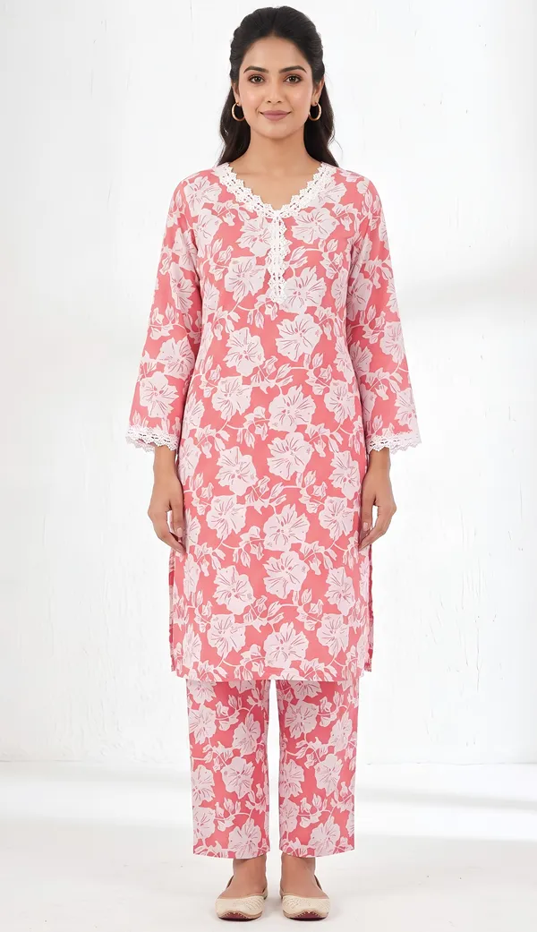 Crepe_Floral_Lace_Trim_Kurta_Night_Suit_Duo_|_Pink_Twin_Set
