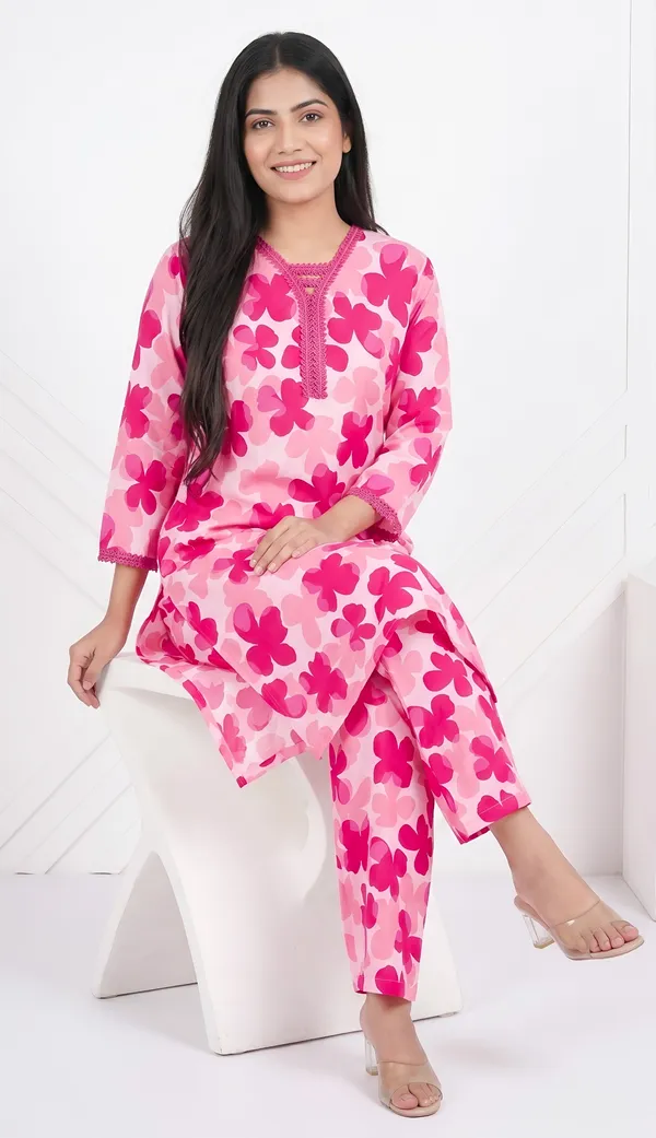 Crepe_Floral_Lace_Trim_Kurta_Night_Suit_Duo_|_Pink_Twin_Set
