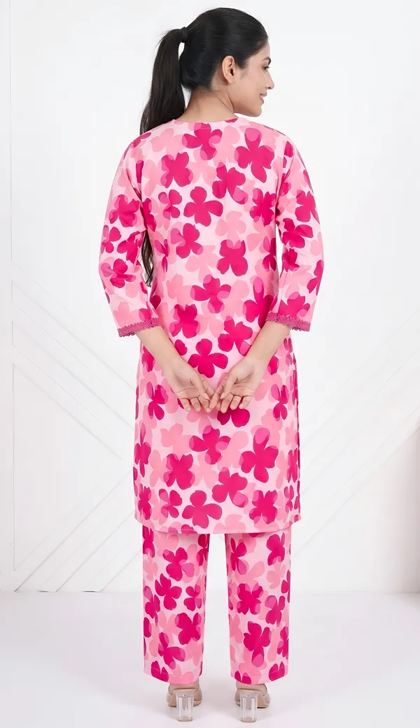 Crepe_Floral_Lace_Trim_Kurta_Night_Suit_Duo_|_Pink_Twin_Set