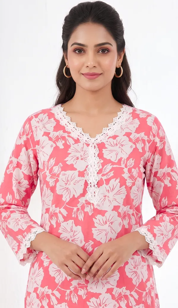 Crepe_Floral_Lace_Trim_Kurta_Night_Suit_Duo_|_Pink_Twin_Set