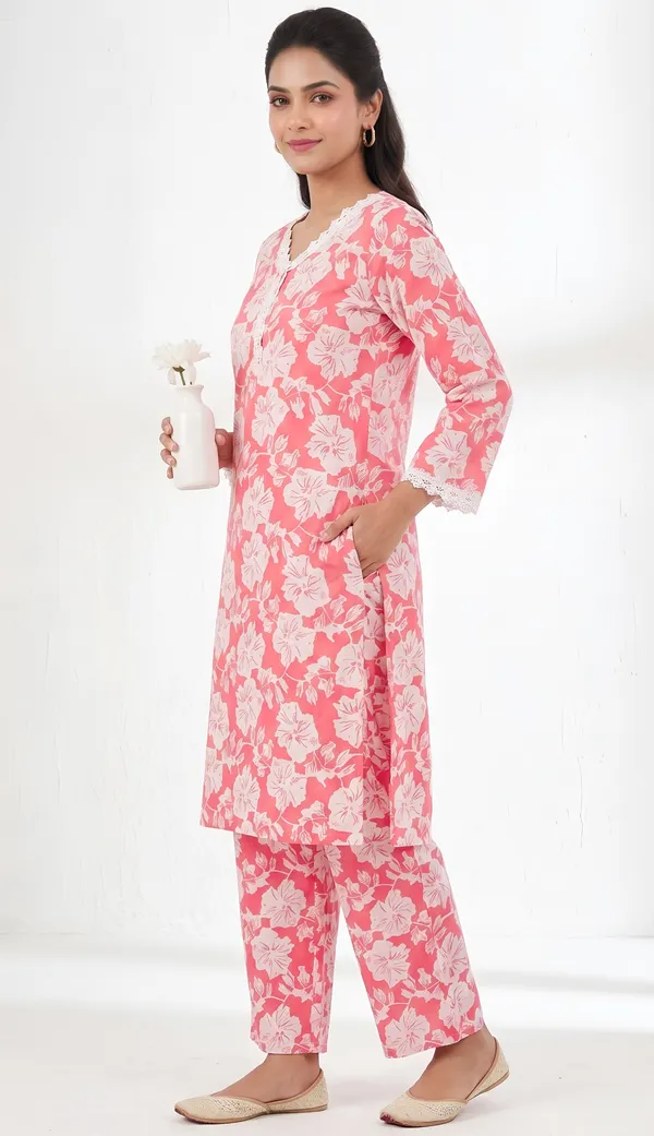 Crepe_Floral_Lace_Trim_Kurta_Night_Suit_Duo_|_Pink_Twin_Set