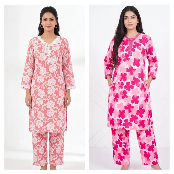 Crepe_Floral_Lace_Trim_Kurta_Night_Suit_Duo_|_Pink_Twin_Set