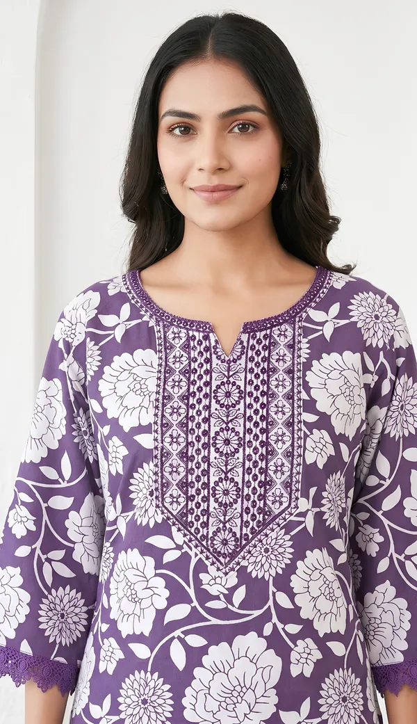 Purple_Cotton_Blend_Floral_Print_Embroidered_Tunic_Kurta_Set_For_Women