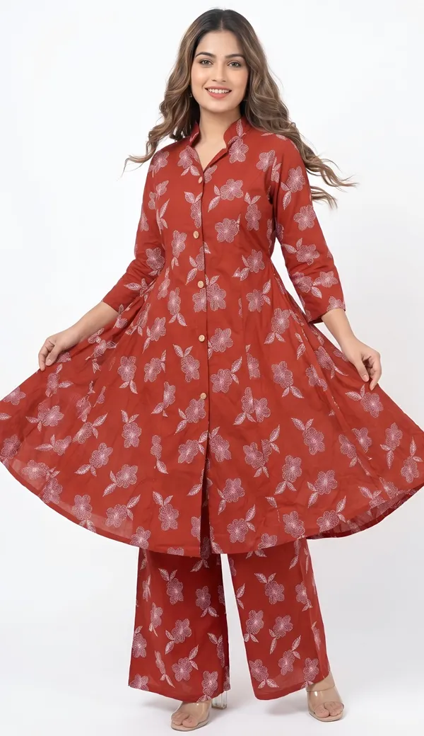 Rust_Rayon_Cotton_Floral_Print_Button_Down_Kurta_Palazzo_Set_For_Women