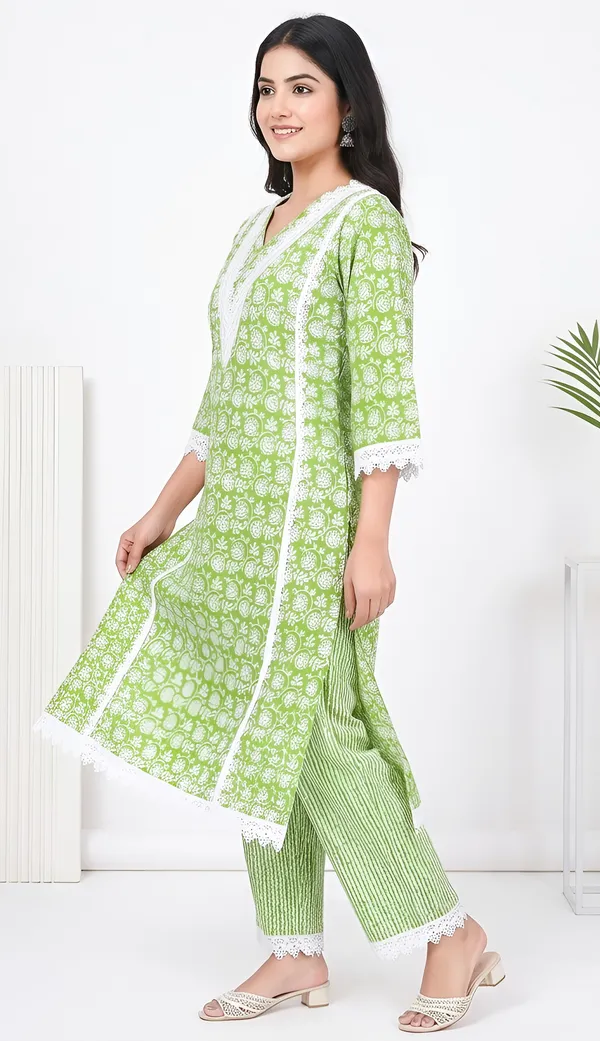 Green_Cotton_Floral_Block_Print_Straight_Kurta_Palazzo_Set_For_Women