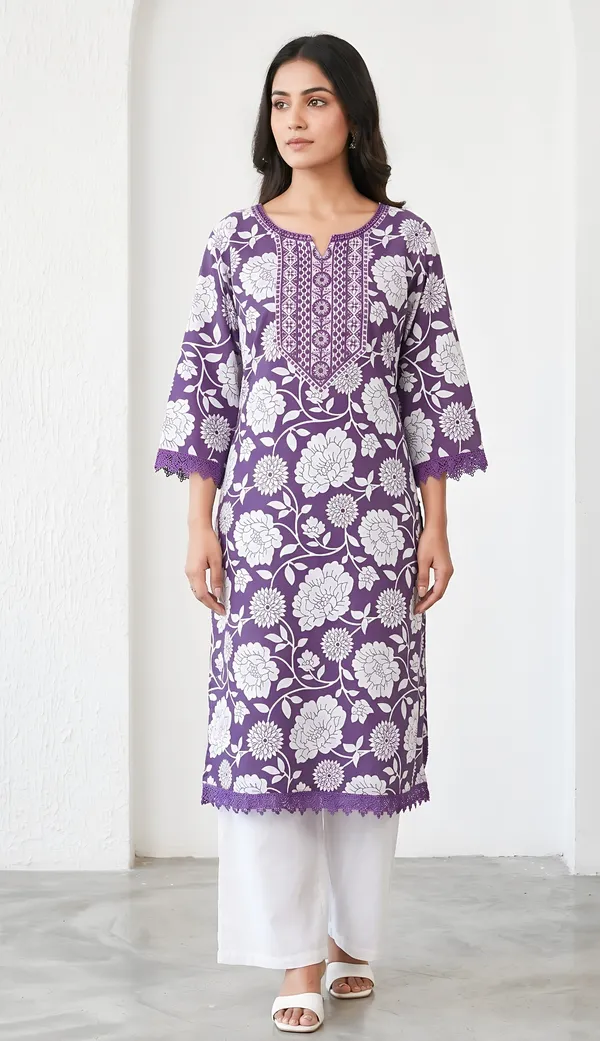 Purple_Cotton_Blend_Floral_Print_Embroidered_Tunic_Kurta_Set_For_Women