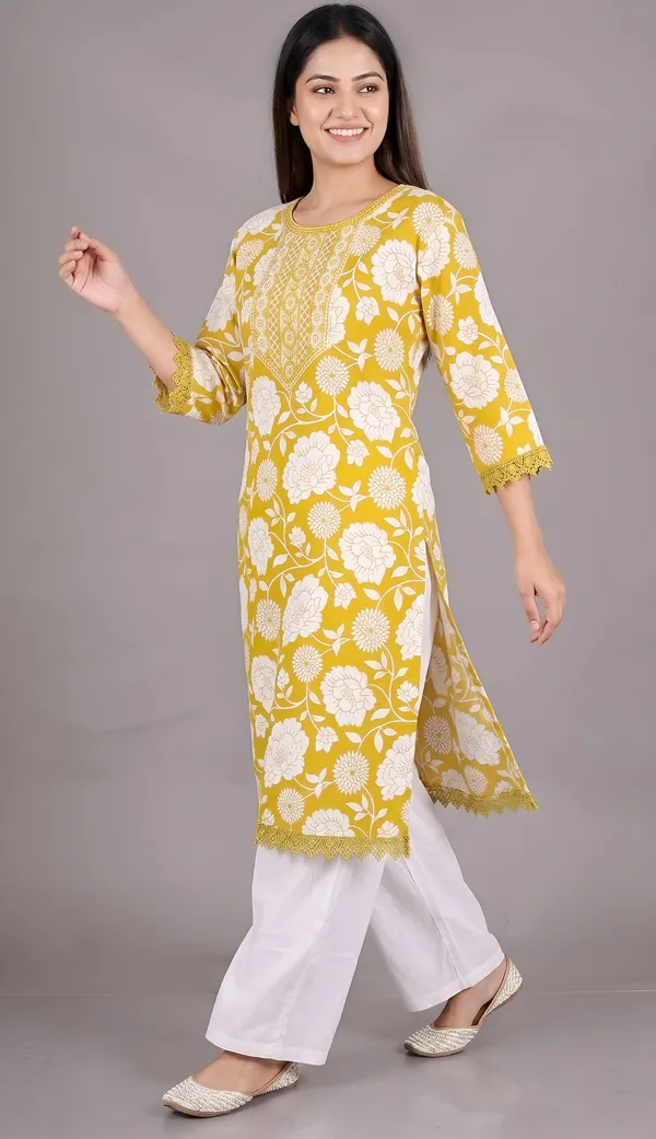 Yellow_Cotton_Blend_Floral_Print_Embroidered_Straight_Kurta_Set_For_Women