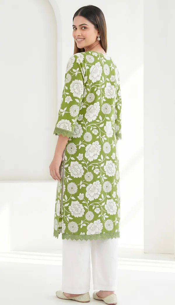 Green_Cotton_Blend_Floral_Print_Embroidered_Straight_Kurta_Set_For_Women