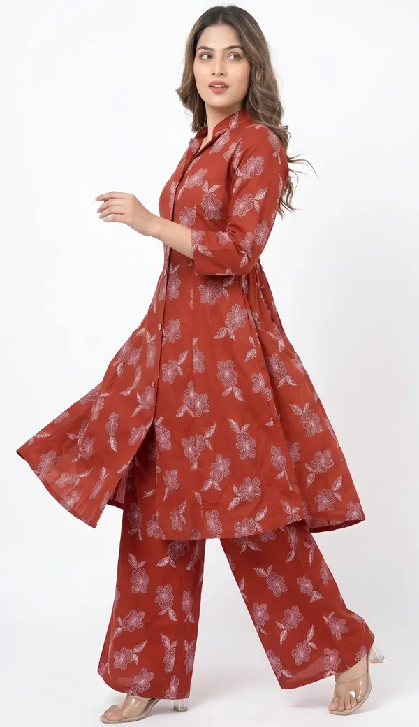 Rust_Rayon_Cotton_Floral_Print_Button_Down_Kurta_Palazzo_Set_For_Women
