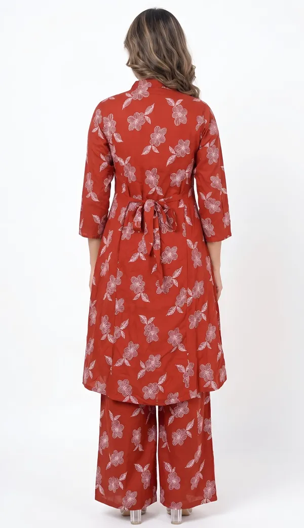 Rust_Rayon_Cotton_Floral_Print_Button_Down_Kurta_Palazzo_Set_For_Women