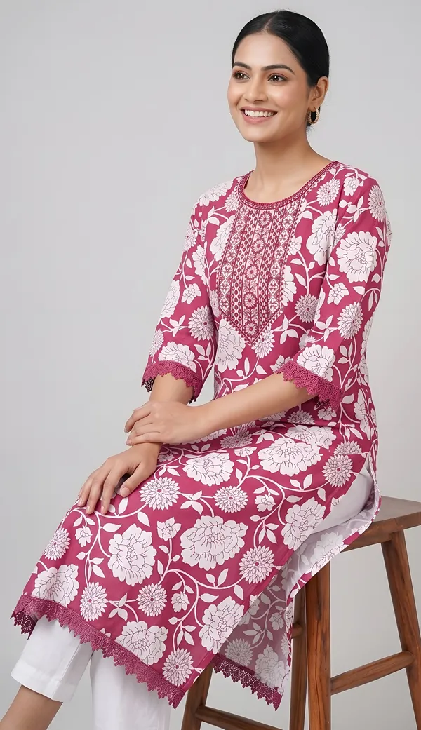 Pink_Cotton_Blend_Floral_Print_Embroidered_Kurta_Set_For_Women