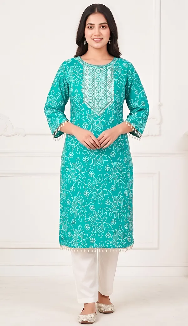Turquoise_Vatican_Silk_Blend_Floral_Embroidered_Straight_Kurta_Set_For_Women