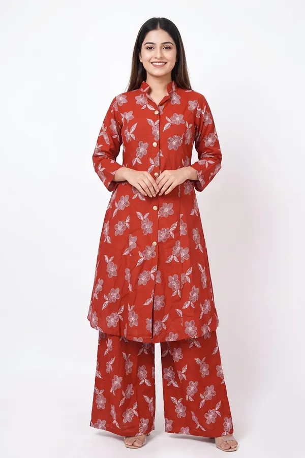 Rust_Rayon_Cotton_Floral_Print_Button_Down_Kurta_Palazzo_Set_For_Women