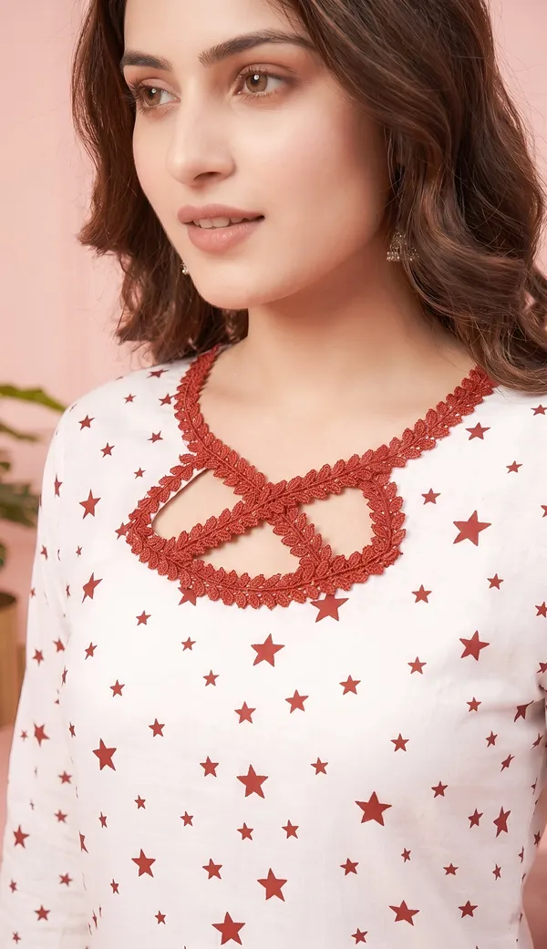 White_Crepe_Star_Print_Crochet_Trim_Kurta_Night_Suit_Set_For_Women