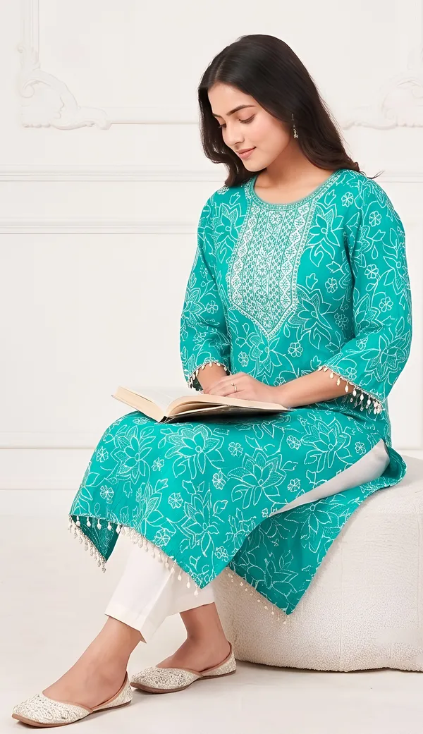 Turquoise_Vatican_Silk_Blend_Floral_Embroidered_Straight_Kurta_Set_For_Women