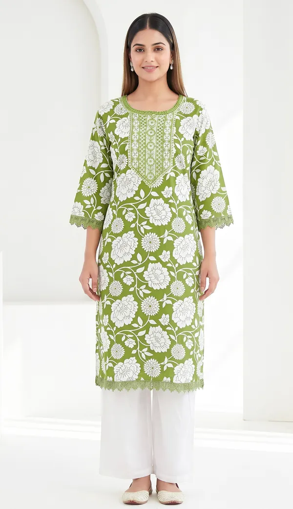 Green_Cotton_Blend_Floral_Print_Embroidered_Straight_Kurta_Set_For_Women