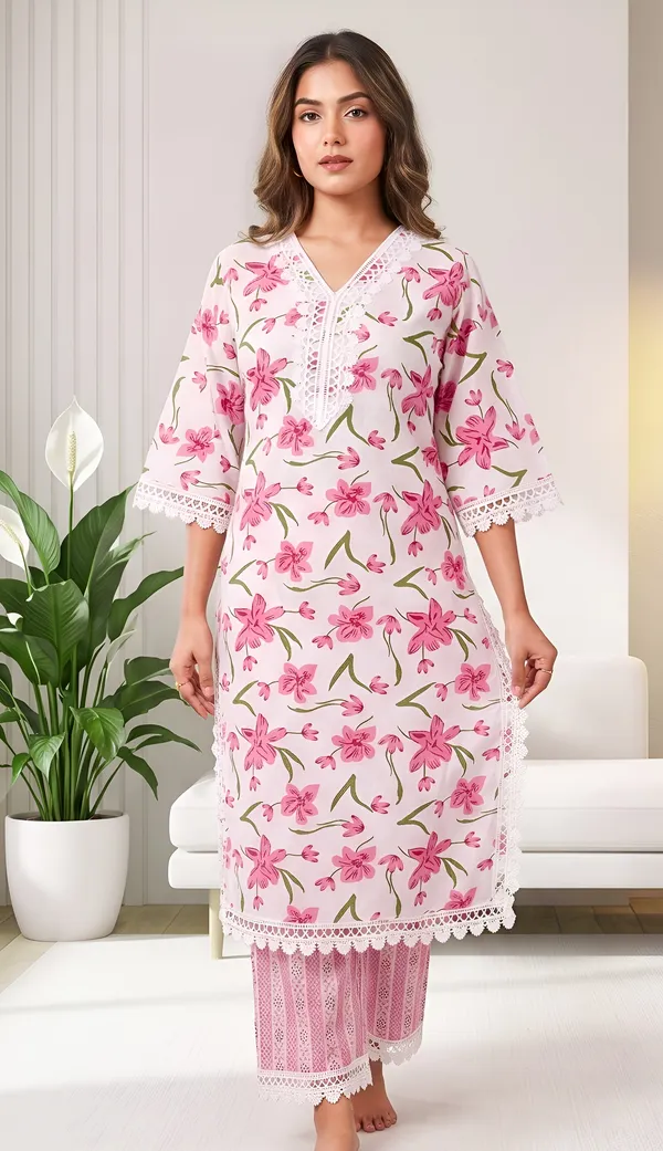 Pink_And_White_Cotton_Floral_Print_Lace_Trim_Kurta_Palazzo_Set_For_Women