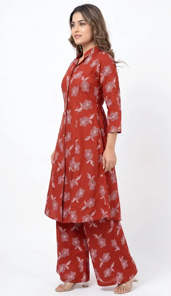 Rust_Rayon_Cotton_Floral_Print_Button_Down_Kurta_Palazzo_Set_For_Women