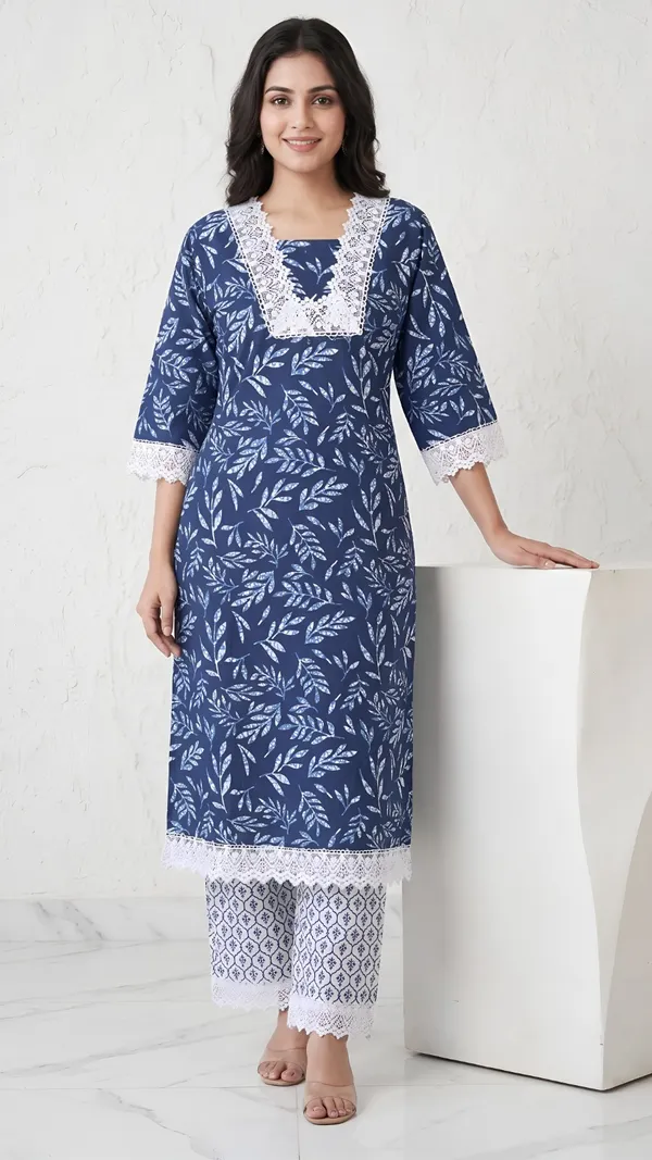 Navy_Blue_Cotton_Hand_Block_Printed_Kurta_Set_For_Women