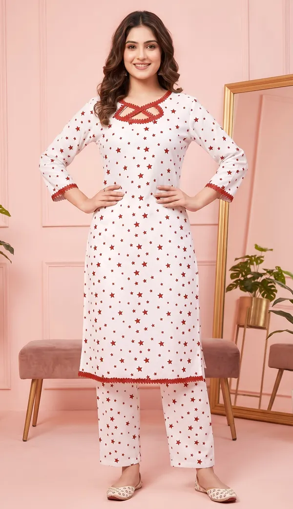 White_Crepe_Star_Print_Crochet_Trim_Kurta_Night_Suit_Set_For_Women