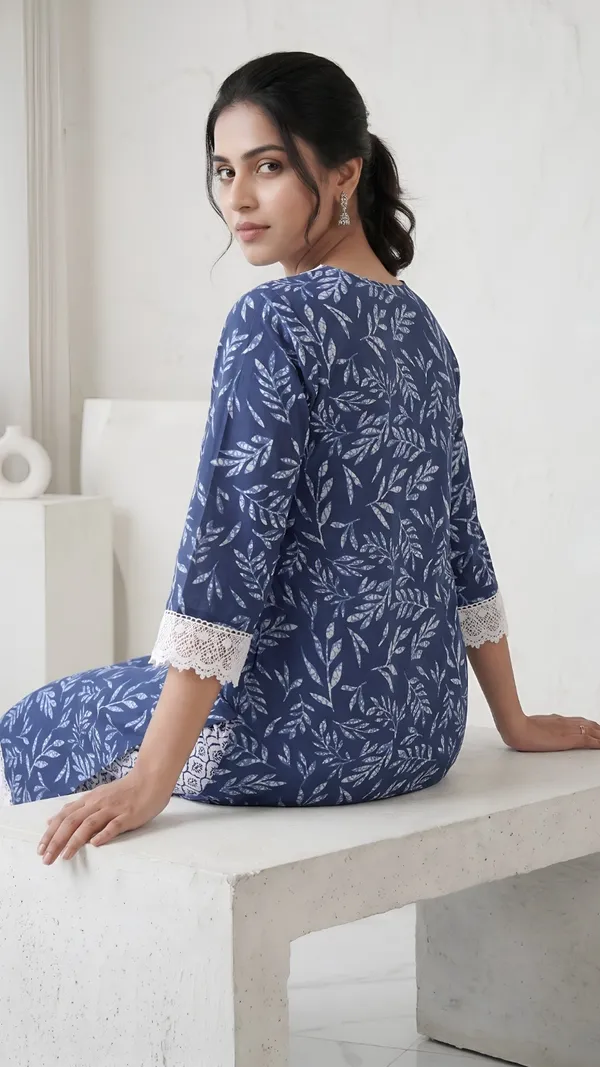 Navy_Blue_Cotton_Hand_Block_Printed_Kurta_Set_For_Women