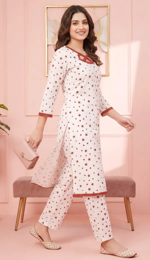White_Crepe_Star_Print_Crochet_Trim_Kurta_Night_Suit_Set_For_Women