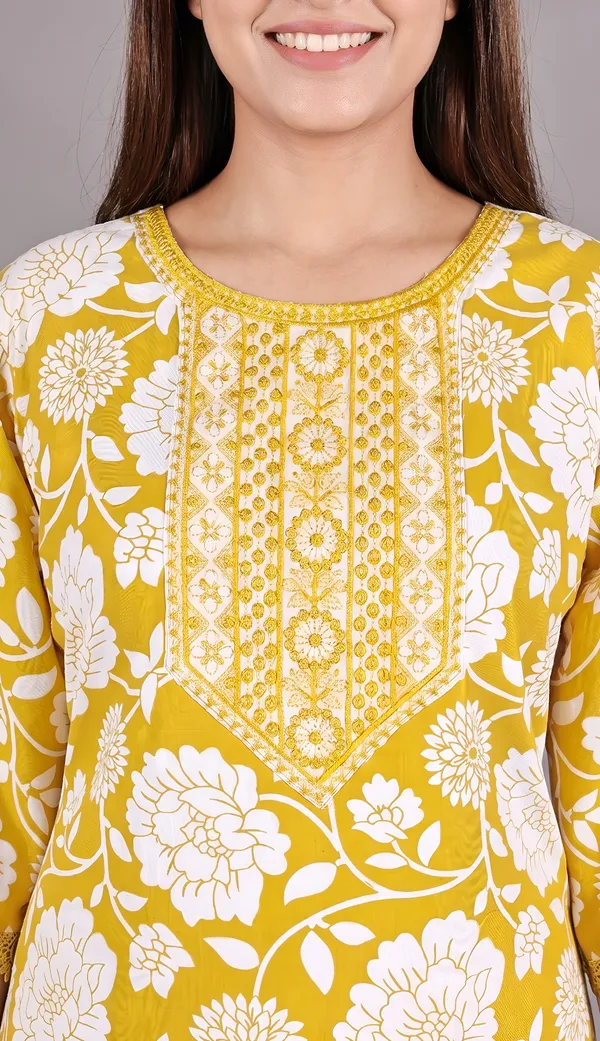 Yellow_Cotton_Blend_Floral_Print_Embroidered_Straight_Kurta_Set_For_Women