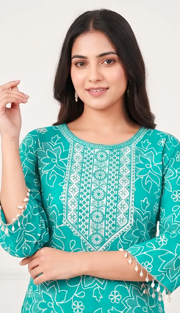 Turquoise_Vatican_Silk_Blend_Floral_Embroidered_Straight_Kurta_Set_For_Women