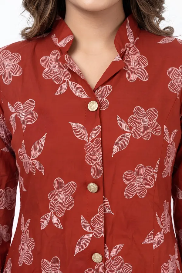 Rust_Rayon_Cotton_Floral_Print_Button_Down_Kurta_Palazzo_Set_For_Women