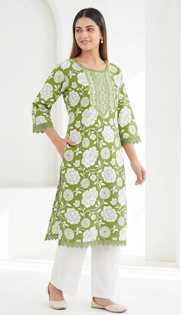 Green_Cotton_Blend_Floral_Print_Embroidered_Straight_Kurta_Set_For_Women