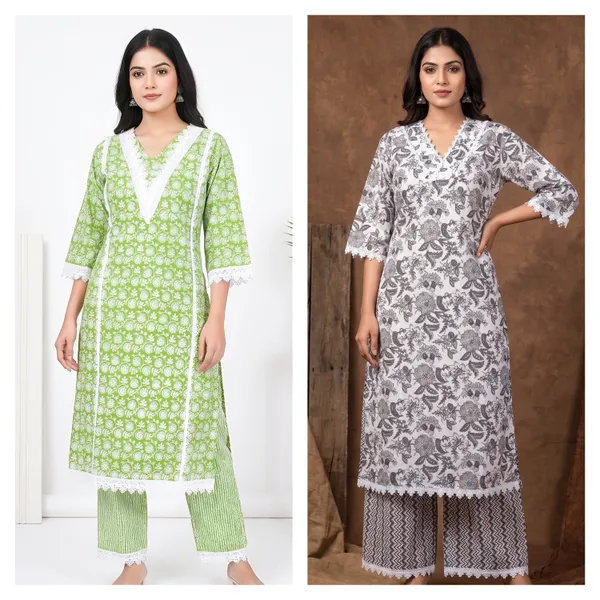 Cotton_Straight_Kurta_Palazzo_Set_Duo_|_Grey_And_Green