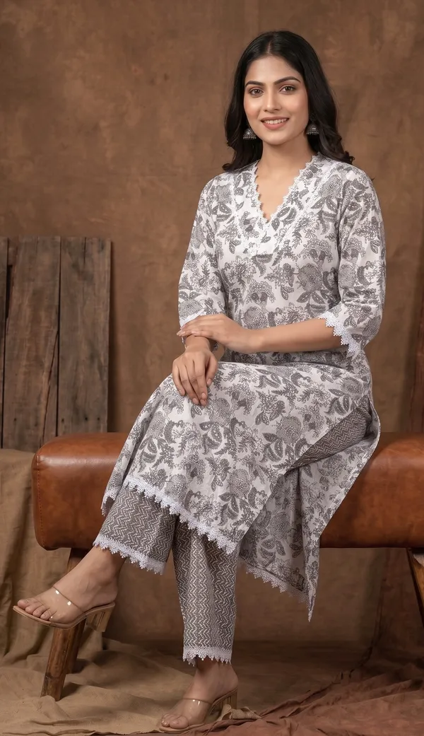 Cotton_Straight_Kurta_Palazzo_Set_Duo_|_Grey_And_Green