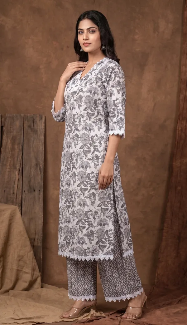 Cotton_Straight_Kurta_Palazzo_Set_Duo_|_Grey_And_Green