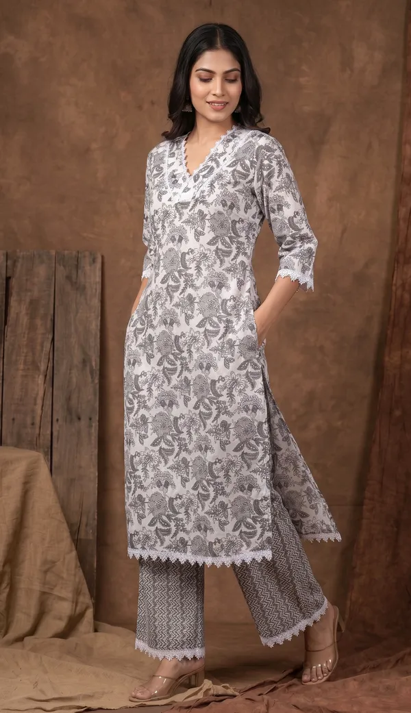 Cotton_Straight_Kurta_Palazzo_Set_Duo_|_Grey_And_Green