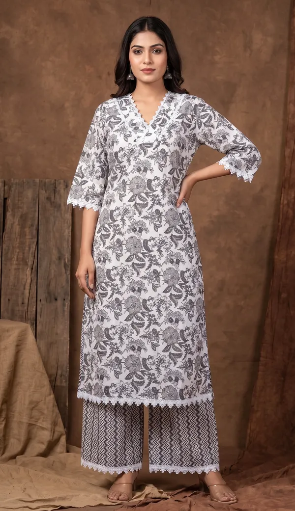 Cotton_Straight_Kurta_Palazzo_Set_Duo_|_Grey_And_Green