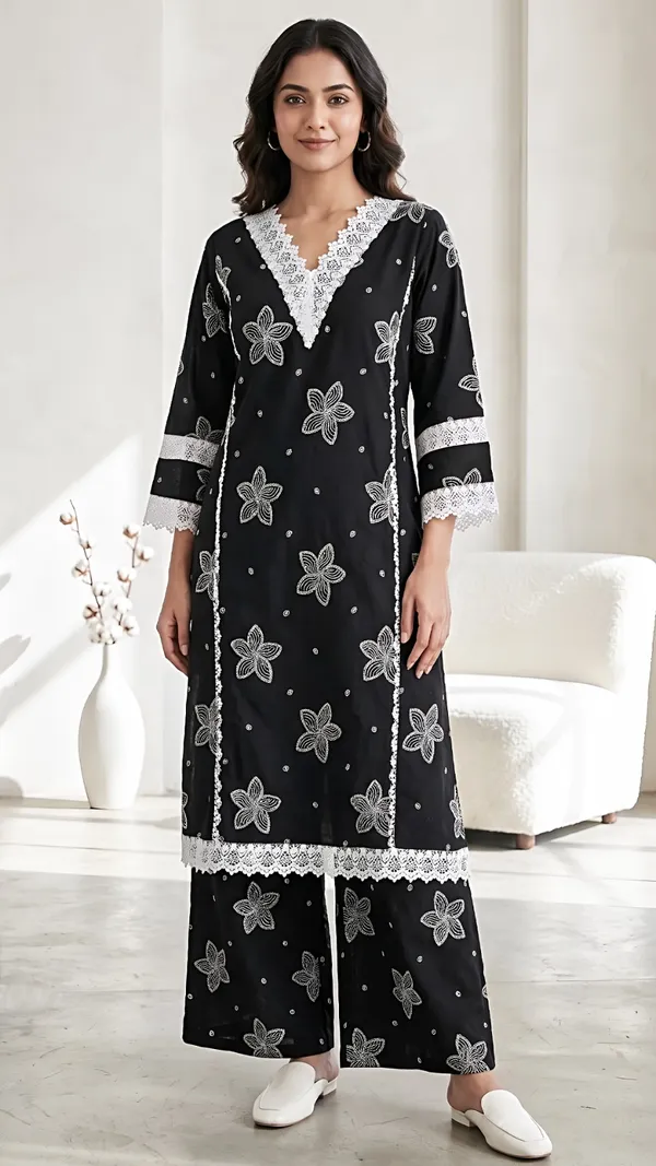 Black_Rayon_Cotton_Floral_Embroidered_Straight_Kurta_Set_For_Women