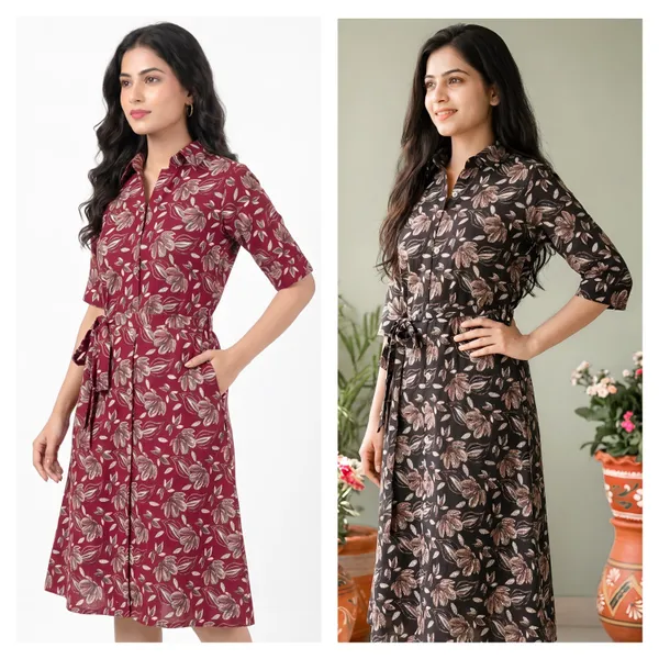 Rayon_Floral_Belted_Shirt_Dress_Duo_|_Black_And_Maroon
