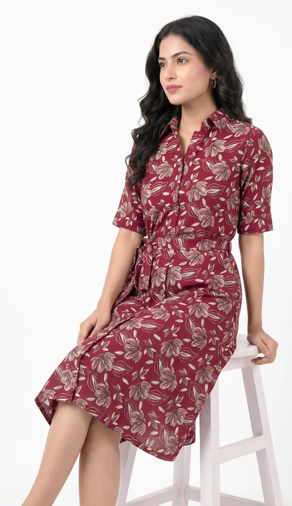 Rayon_Floral_Belted_Shirt_Dress_Duo_|_Black_And_Maroon