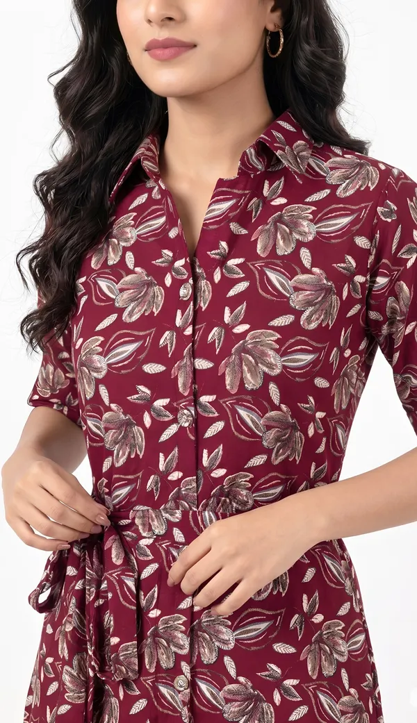 Rayon_Floral_Belted_Shirt_Dress_Duo_|_Black_And_Maroon