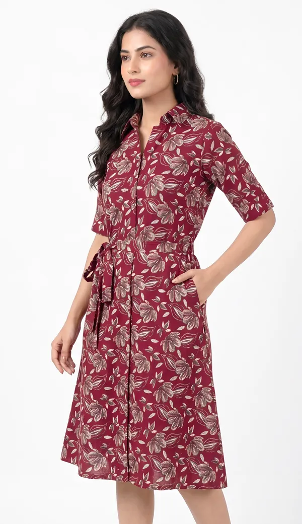 Rayon_Floral_Belted_Shirt_Dress_Duo_|_Black_And_Maroon