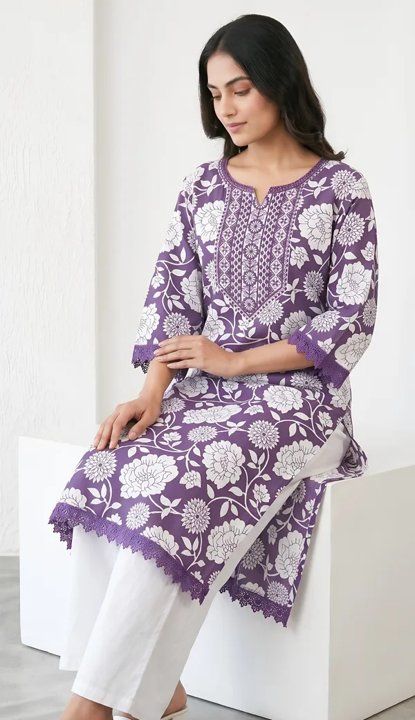 Cotton_Blend_Floral_Embroidered_Kurta_Set_Duo_|_Pink_And_Purple