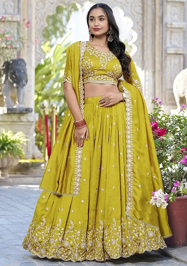 Mehendi_Green_Chinon_Premium_Lehenga_Choli_Dupatta_Set_For_Women