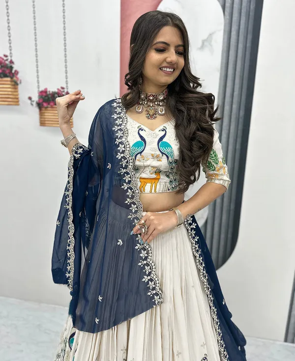 Off-White_With_Navy_Blue_Chinon_Premium_Lehenga_Choli_Dupatta_Set_For_Women