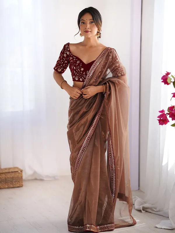 Beige_With_Maroon_Net_Premium_Saree_For_Women