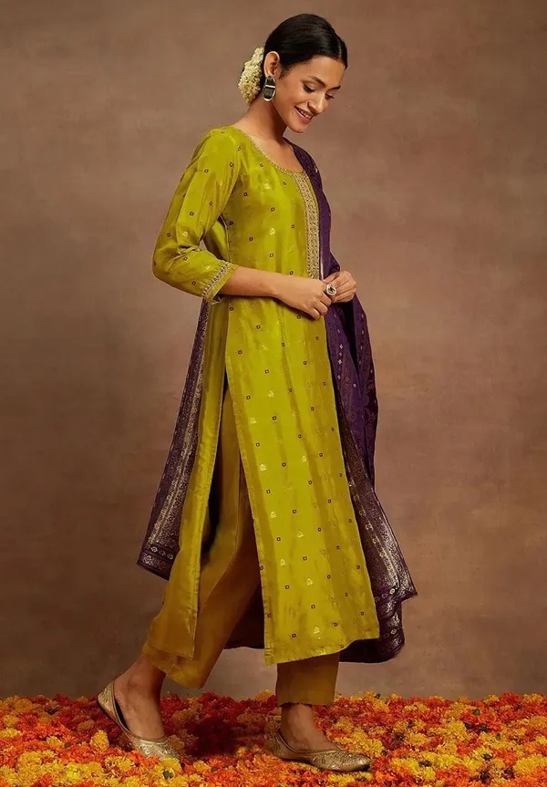Olive_Green_With_Purple_Art_Silk_Premium_Kurta_Set_For_Women