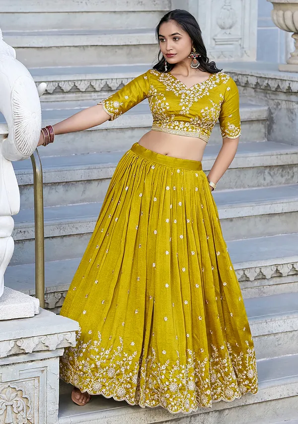 Mehendi_Green_Chinon_Premium_Lehenga_Choli_Dupatta_Set_For_Women